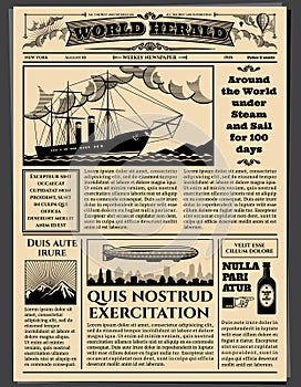 Retro business newspaper, old dirty sheets newsprint vector mockup