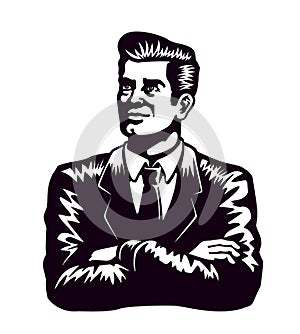 Retro businessman with arms crossed vector illustration white background