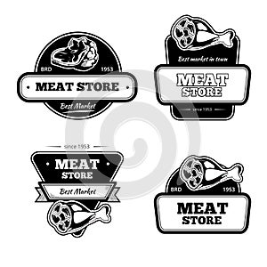 Retro butchery and meat store black badge, label, logo vector set