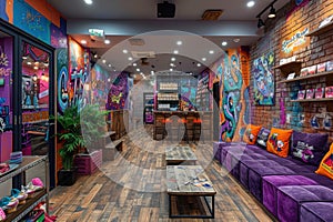 Retro Cafe Lounge Bar with Colorful Graffiti Wall, Urban Decor, Vintage Seating, Creative Lighting