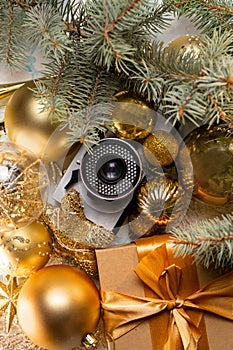retro camera background with christmas decor top view