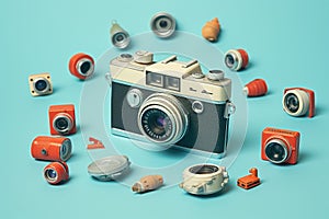Retro camera and film on blue background. Vintage style toned picture, Vintage camera and stickers with fails on blue background,
