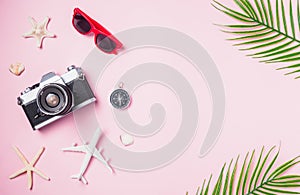 Retro camera films, airplane, sunglasses, starfish beach traveler accessories