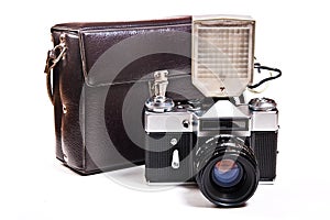 Retro camera with flash isolated on white on the white backgroun