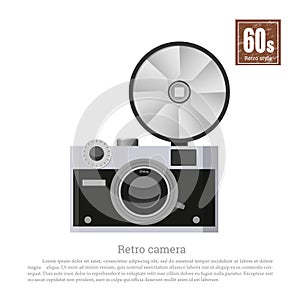 Retro camera in flat style on white background. Equipment of photographer. Technologies of 60s. Vintage gray photocamera