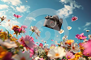 A retro camera floats in the air over a colorful blooming flowers in the summer field