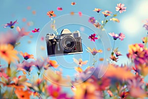 A retro camera floats in the air over a colorful flowers blooming in the summer field