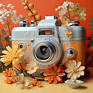Retro camera with flowers and leaves on the background