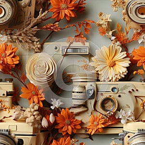 Retro camera with flowers and leaves on the background