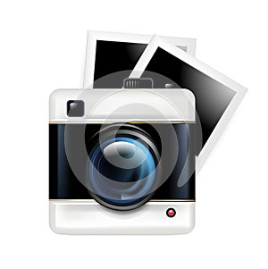 Retro camera icon and photos isolated on white