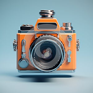 Realistic Orange Camera Rendering On Blue Background photo