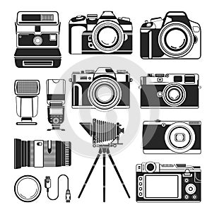 Retro camera and old or modern photography equipment vector, silhouette icons