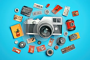 Retro camera and other vintage objects on blue background 3D rendering, Vintage camera and stickers with fails on blue background