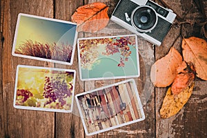 Retro camera and photo of memorie and nostalgia in fall