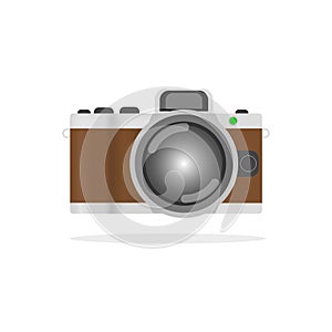 Retro camera or vintage camera in a flat style on a white background. Old camera with strap. Isolated antique camera.