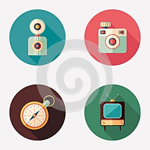 Retro cameras with clock and TV flat round icons.