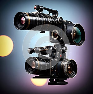 Retro cameras and lenses, fantastic and non-existent surreal cameras as technological abstract background. Generative Ai