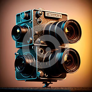 Retro cameras and lenses, fantastic and non-existent surreal cameras as technological abstract background. Generative Ai