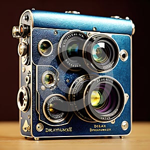 Retro cameras and lenses, fantastic and non-existent surreal cameras as technological abstract background. Generative Ai