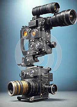 Retro cameras and lenses, fantastic and non-existent surreal cameras as technological abstract background. Generative Ai