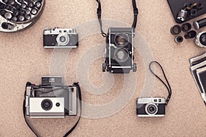 Retro cameras. Traditional photography. Black and white photography. Hobby. Flat lay. View from above.