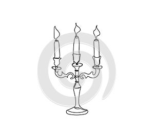 Retro candelabrum and three candles one line art. Continuous line drawing of new year holidays, christmas, traditional