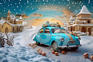 retro candy gift snow car festive christmas merry winter holiday. Generative AI.