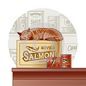 Retro canned fish and sleeping cat