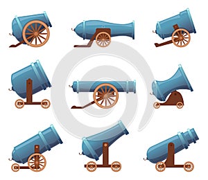 Retro cannon. Vintage military old iron weapons medieval circus artillery vector in cartoon style
