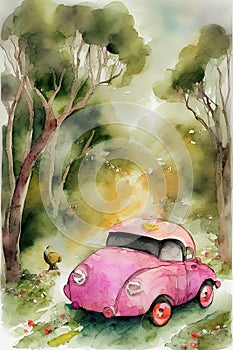 retro car abstract watercolor painting on paper, acrylic, Ai generated