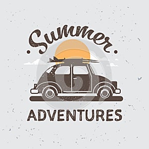 Retro car adventures with luggage on roof sunset surfing vintage greeting card with lettering template poster flat