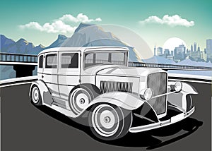 Retro car on a background of mountains and metropolis