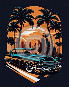 Retro car on the beach with palms at sunset vintage sticker design