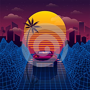 Retro car on the blue road among 3D mountains Synthwave or Retrowave style photo
