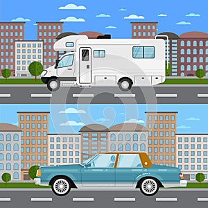 Retro car and camper van in urban landscape photo