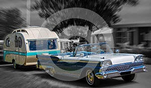 Retro car and caravan