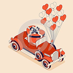 Retro car convertible with gift box heart shape and many balloons. Vintage car from 30s in red color. Greeting card for