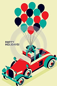 Retro car convertible with gift box and many balloons. Vintage car from 30s in red color. Greeting card for a holiday