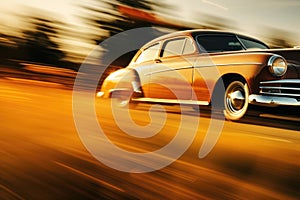 Retro car driving on country road with motion blur effect. Generative AI