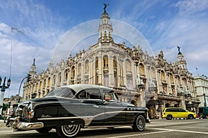 Retro car on Havana street in front of the Grand Theater. Gran Teatro de La Habana. Cuba