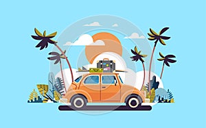 Retro car with luggage on roof tropical sunset beach surfing vintage greeting card template poster flat