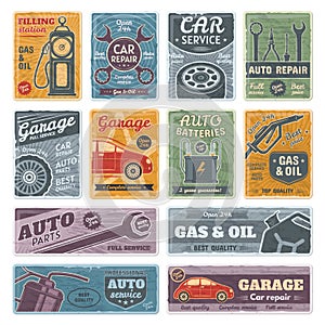 Retro car metal signs, garage, fuel, auto service posters. Gasoline station and repair service signs vector illustration set.