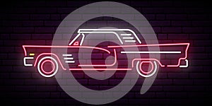 Retro car neon sign. Red and white vintage car glowing sign.