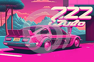 Retro car on a pink background in the style of the 2000s AI generation