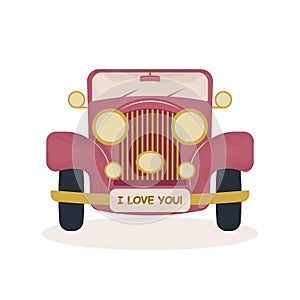 Retro car of pink color, with the inscription I love you. Isolated on white, watercolor. Vector graphics. EPS10.