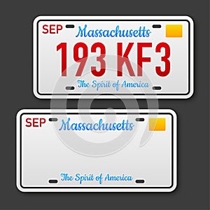 Retro car plate for banner design. Massachusets state. Isolated vector illustration. Business, icon set