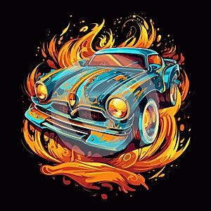 Retro car racing in a flame of fire on a dark background.
