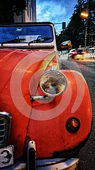 retro car red citroen old headlights vintage road transport evening