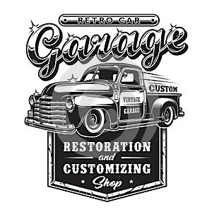 Retro car repair garage sign with retro style truck.