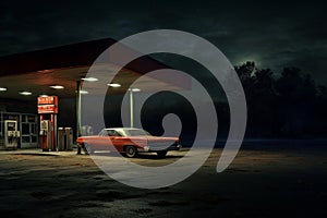 retro car at a retro gas station at night. AI Generated.